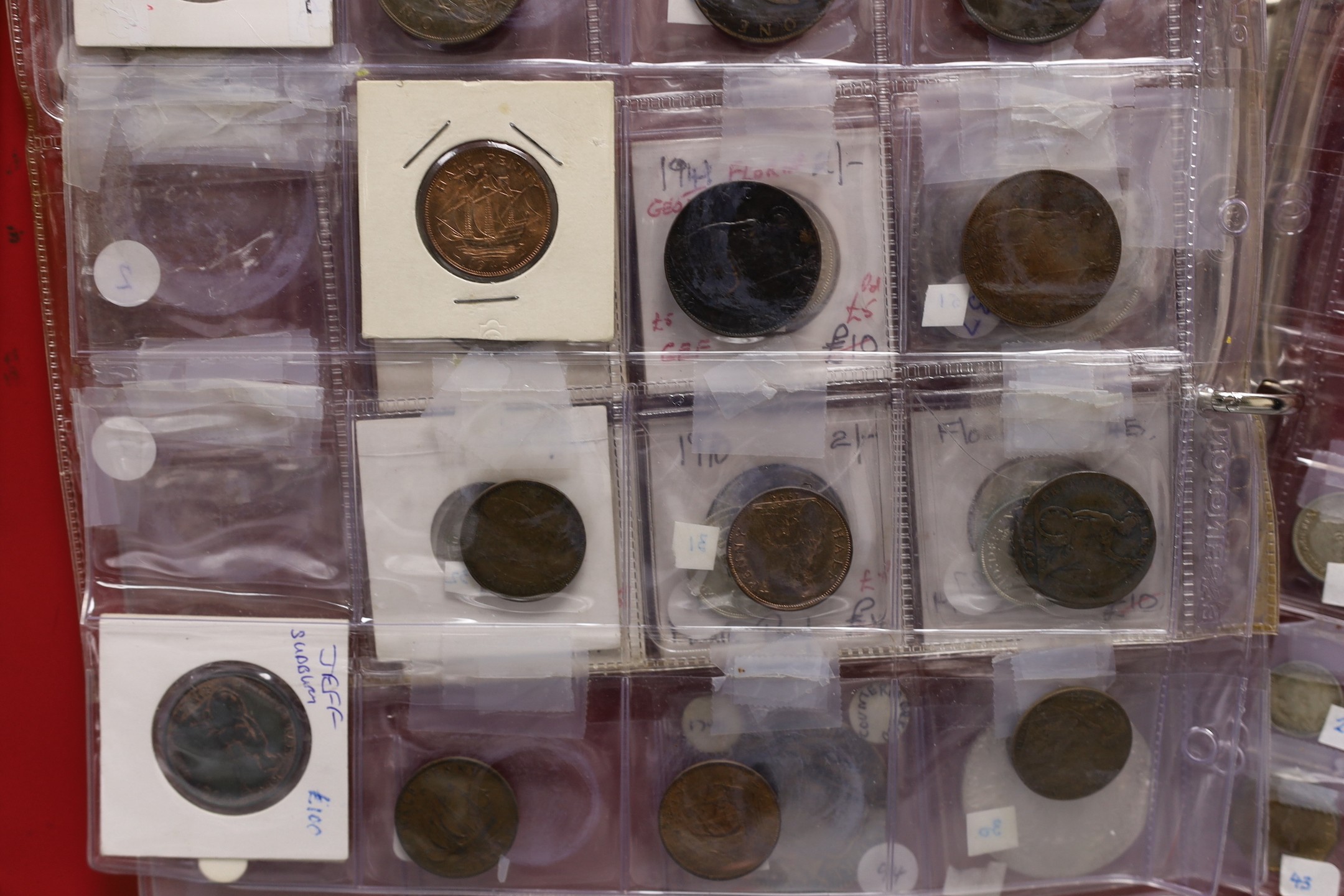UK coins, Victoria to Elizabeth II, highlights to include halfpenny 1838, near EF, halfcrowns 1915, 1929, 1936 x 2, all EF, shillings 1934, EF and 1937 UNC, five decimal coins sets 1971 etc.